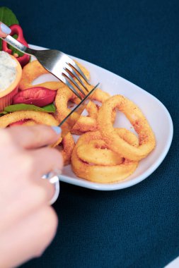 Kızarmış deniz ürünleri kalamar ya da soslu kalamar. 