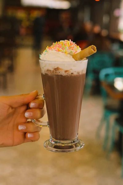 Iced Coffee Milk Iced Coffee Latte Woman Holding Glass Cup — Foto Stock