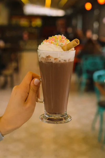 Iced Coffee Milk Iced Coffee Latte Woman Holding Glass Cup — Foto Stock