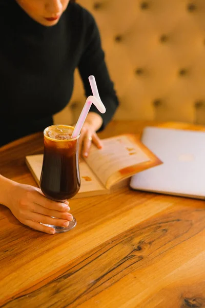 Iced Coffee Milk Iced Coffee Latte Woman Holding Glass Cup — Stock Photo, Image