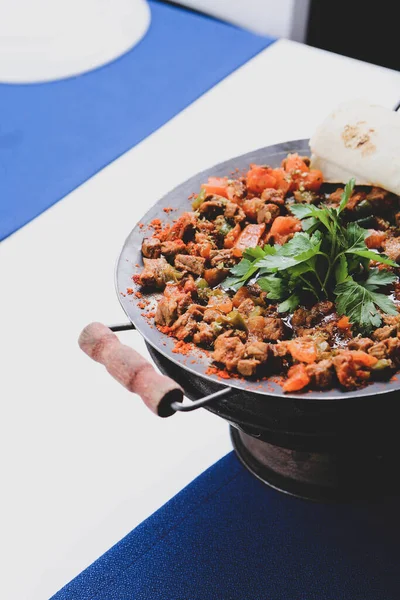 Salumi Padella Tradizionale Sac Kavurma Cucina Turca — Foto Stock