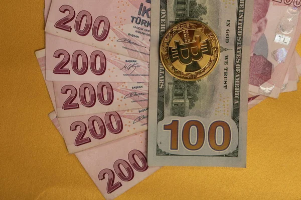 Turkish Lira Banknotes Dollars Bitcoin Coin — Stock Photo, Image