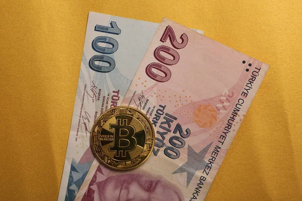 Billetes Lira Turca Bitcoin — Foto de Stock