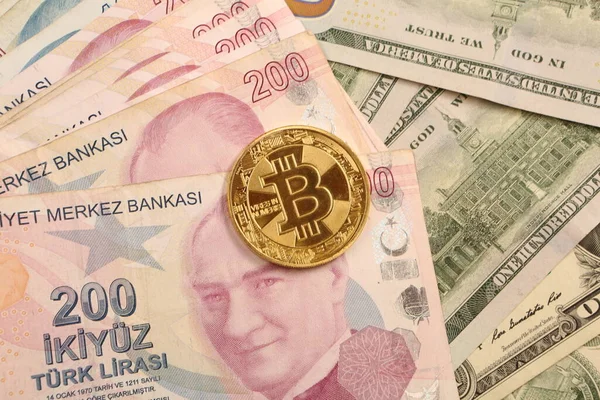 Banconote Lira Turca Dollari Usa Bitcoin — Foto Stock