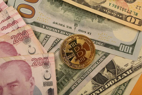 Billets Lire Turque Dollars Américains Bitcoin Coin — Photo