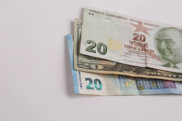 土耳其里拉钞票 美元和欧元 — 图库照片