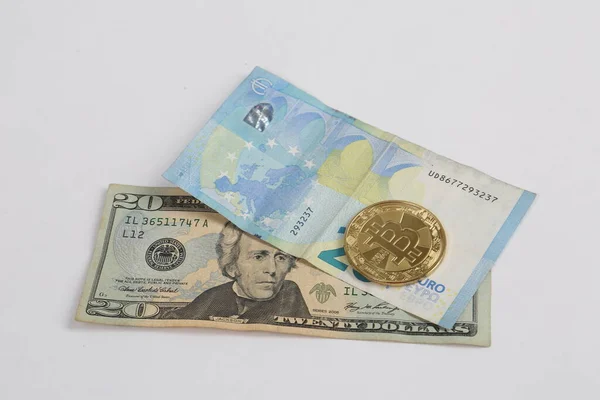 Euro Dollars Américains Bitcoin Coin — Photo