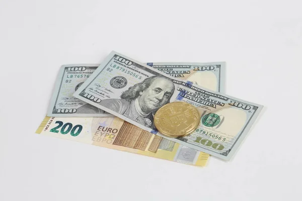 Euro Dolary Amerykańskie Bitcoin — Zdjęcie stockowe