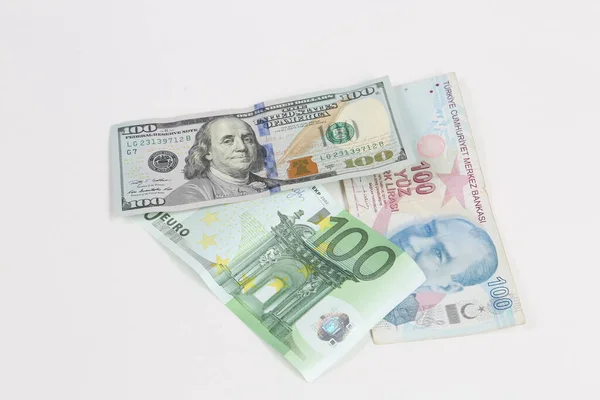 Банкноты Турецких Лир Доллары Сша Евро — стоковое фото