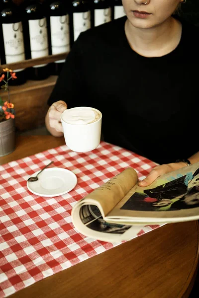 Cup Coffee While Reading Book Magazine — Stock Photo, Image