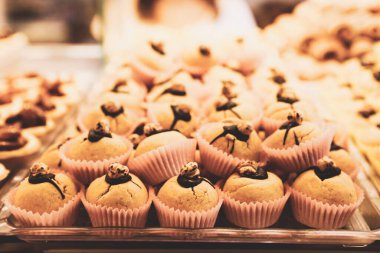 Bir grup çeşit kurabiye. Çikolata parçacıklı, yulaflı, kuru üzümlü, beyaz çikolatalı.