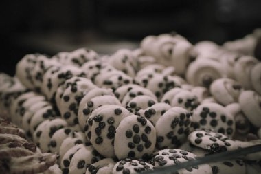 Bir grup çeşit kurabiye. Çikolata parçacıklı, yulaflı, kuru üzümlü, beyaz çikolatalı.