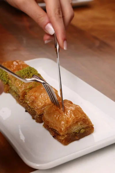 Traditionell Turkisk Dessert Baklava Med Cashew Valnötter Hemgjord Baklava Med — Stockfoto