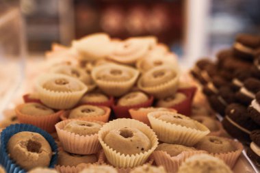 Bir grup çeşit kurabiye. Çikolata parçacıklı, yulaflı, kuru üzümlü, beyaz çikolatalı.