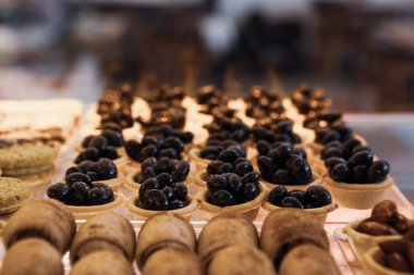 Bir grup çeşit kurabiye. Çikolata parçacıklı, yulaflı, kuru üzümlü, beyaz çikolatalı.