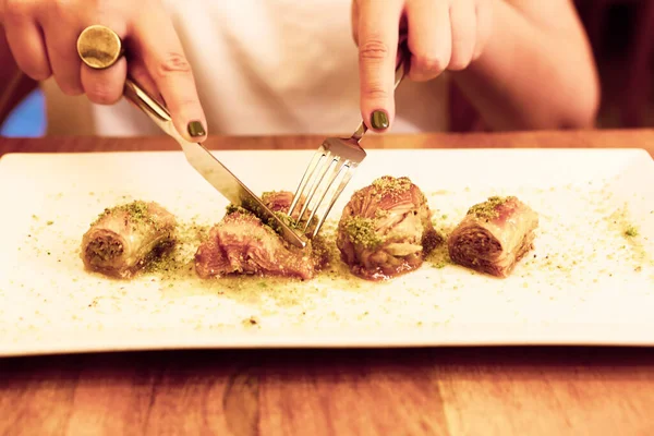 Sobremesa Tradicional Turca Baklava Com Caju Nozes Baklava Caseira Com — Fotografia de Stock