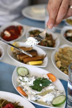 Özel Alkollü İçkili Rakılı Türk ve Yunan Geleneksel Yemek Masası. Uzo ve Türk Rakısı, Türkiye, Yunanistan, Kıbrıs ve Lübnan'da yaygın olarak tüketilen kuru anason aromalı bir aperatiftir.