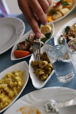 Özel Alkollü İçkili Rakılı Türk ve Yunan Geleneksel Yemek Masası. Uzo ve Türk Rakısı, Türkiye, Yunanistan, Kıbrıs ve Lübnan'da yaygın olarak tüketilen kuru anason aromalı bir aperatiftir.