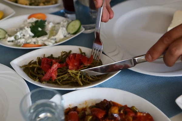 Mesa Jantar Tradicional Turca Grega Com Bebida Alcoólica Especial Raki — Fotografia de Stock