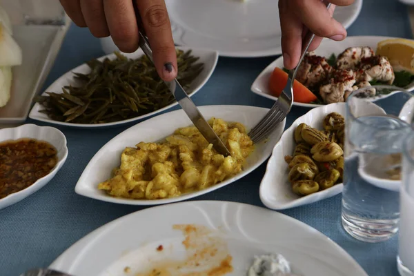 Mesa Jantar Tradicional Turca Grega Com Bebida Alcoólica Especial Raki — Fotografia de Stock