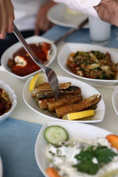 Traditioneller Türkischer Und Griechischer Esstisch Mit Einem Speziellen Alkoholgetränk Raki — Stockfoto