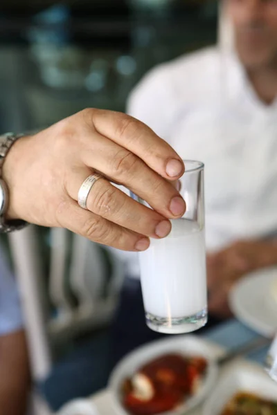 Turkish Greek Traditional Dinning Table Special Alcohol Drink Raki Ouzo — Stock Photo, Image