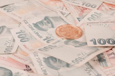 Türk lira banknotları ve bitcoin paraları