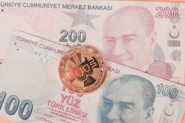 Türk lira banknotları ve bitcoin paraları