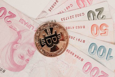 Türk lira banknotları ve bitcoin paraları