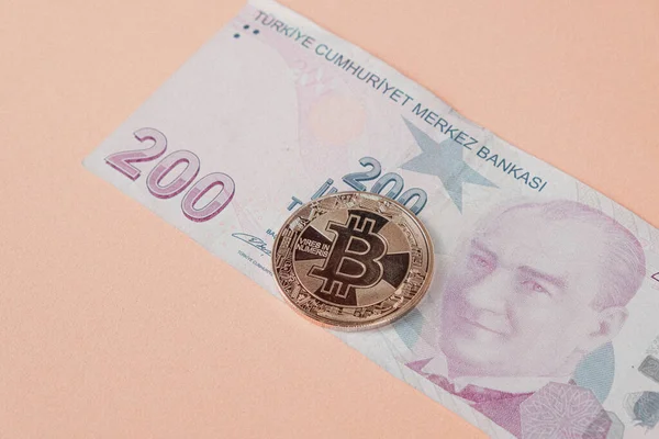 Billetes Lira Turca Bitcoin —  Fotos de Stock