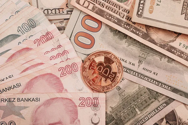 Банкноты Турецких Лир Доллары Сша Биткоины — стоковое фото