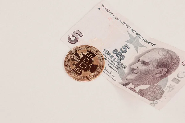 Turkish Lira Banknotes Bitcoin Coin — Stock Photo, Image