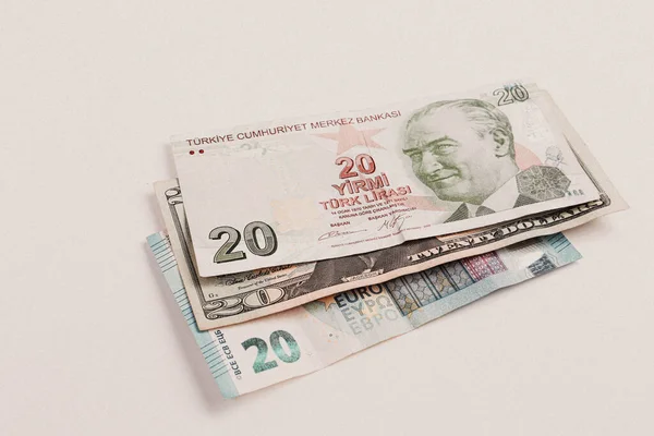 Banknoty Tureckie Dolary Amerykańskie Euro — Zdjęcie stockowe