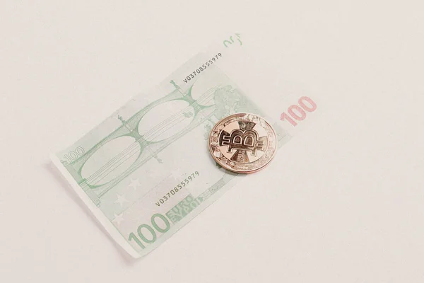 Multi Euro Dolar Bargeld Verschiedene Banknotentypen Der Neuen Generation Bitcoin — Stockfoto