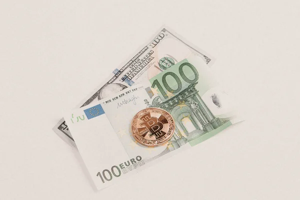 Euro Dolary Amerykańskie Bitcoin — Zdjęcie stockowe