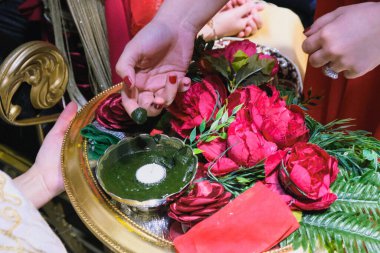 Gelinin kına gecesinde elini koyuyor. 