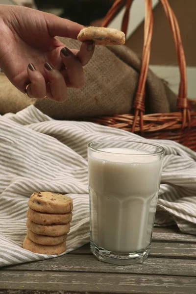 Dipping Delicious Cookies Glass Milk — Stock Photo, Image