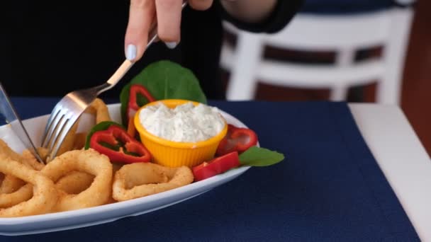 Calamar Mariscos Fritos Calamares Con Salsa — Vídeos de Stock