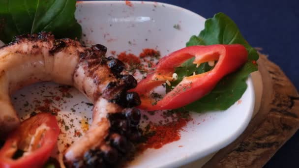 Pierna Pulpo Gallego Parrilla Con Salsa — Vídeos de Stock