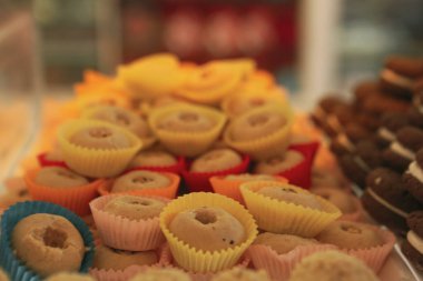 Bir grup çeşit kurabiye. Çikolata parçacıklı, yulaflı, kuru üzümlü, beyaz çikolatalı.