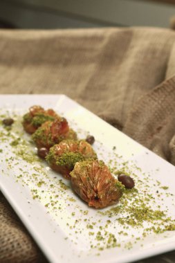 Geleneksel hindistancevizli tatlı baklavası. Ev yapımı fındıklı ve ballı baklava..