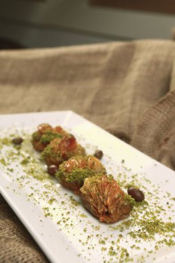 Geleneksel hindistancevizli tatlı baklavası. Ev yapımı fındıklı ve ballı baklava..