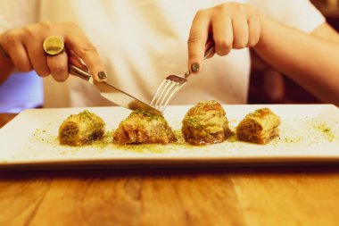 Geleneksel hindistancevizli tatlı baklavası. Ev yapımı fındıklı ve ballı baklava..