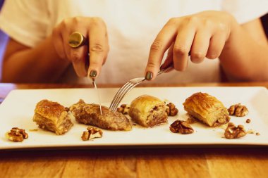 Geleneksel hindistancevizli tatlı baklavası. Ev yapımı fındıklı ve ballı baklava..