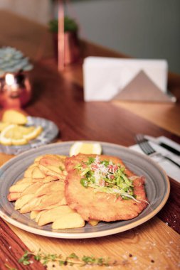 Patates kızartmasıyla servis edilen lezzetli şnitzel.