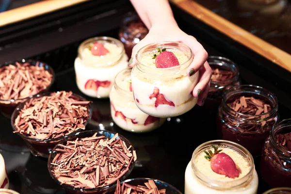 Very Delicious Dessert Jars Sweet Cakes Jars — Stock Photo, Image