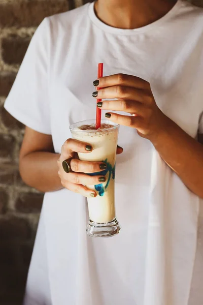 Iced Coffee Milk Iced Coffee Latte Woman Holding Glass Cup — Fotografia de Stock