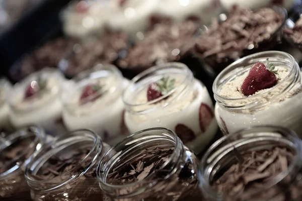 Very Delicious Dessert Jars Sweet Cakes Jars — Stock Photo, Image