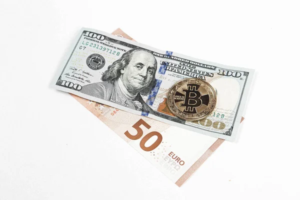 Euro Dollars Bitcoin Coin — Stock Photo, Image