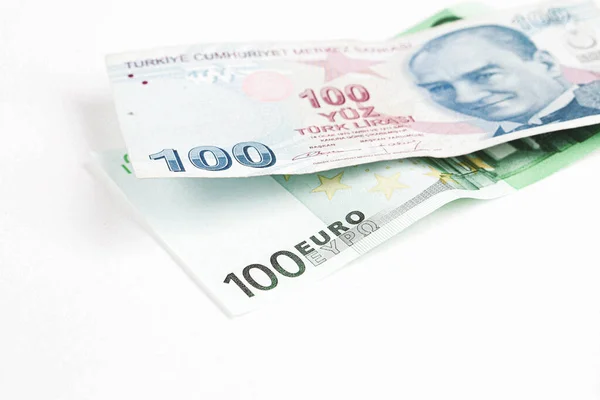 Pieniądze Liry Tureckiej Banknotów Euro — Zdjęcie stockowe